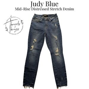 Judy Blue Distressed Skinny Jeans Women 5 Blue Stretch‎ Denim Ripped Frayed Hem